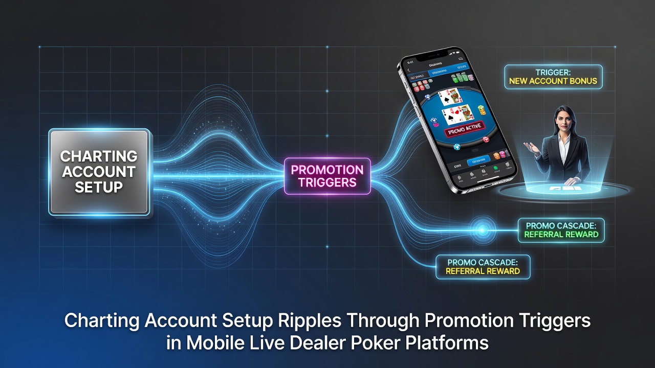 Mobile live dealer poker platform interface showing account setup and promotion triggers