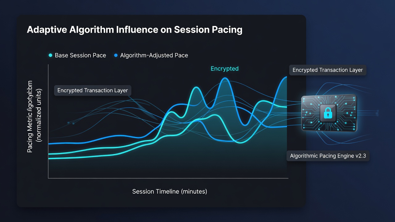 Diagram showing adaptive algorithm flow in encrypted card platform interfaces with session pacing metrics