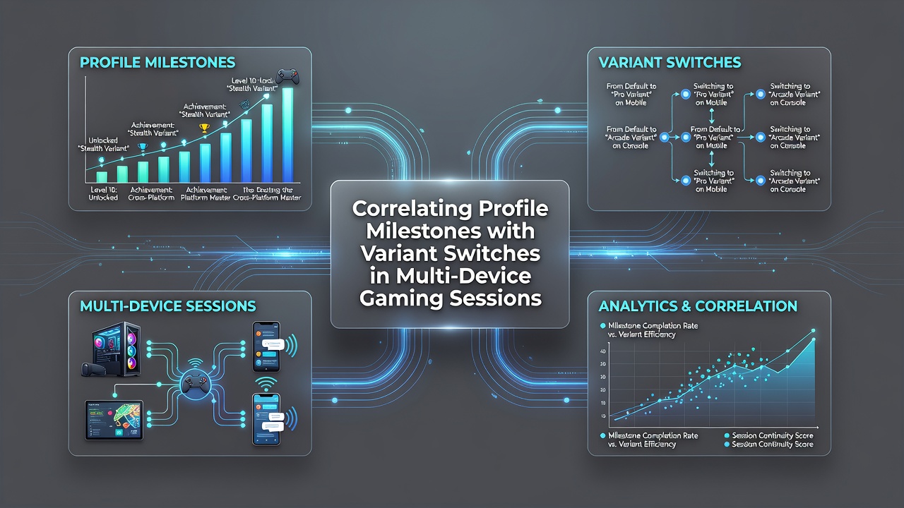 Multi-device gaming setup showing profile progress tracking across phones, tablets, and consoles during variant switches