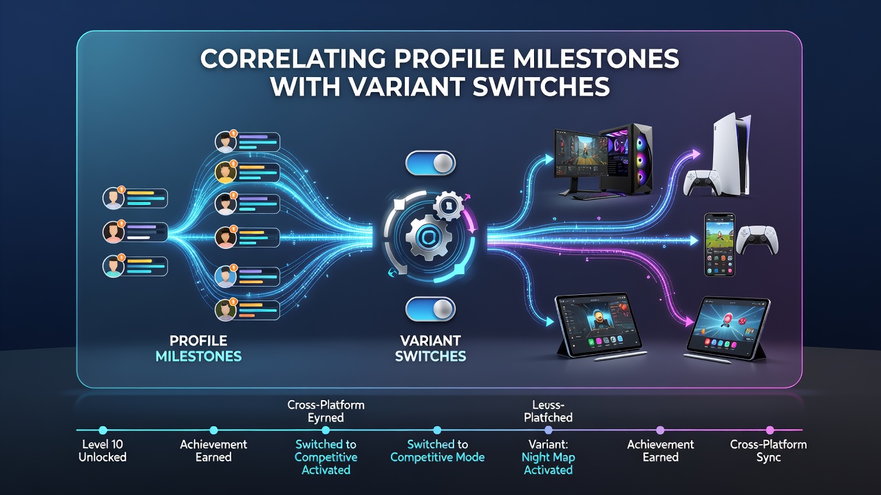 Data visualization of gaming session timelines linking milestones to variant changes on different devices