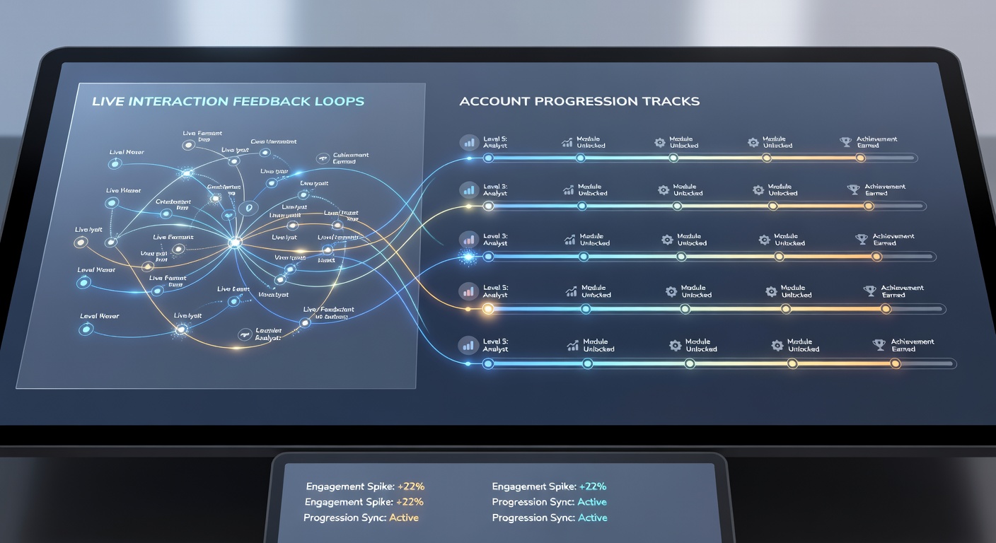 Account dashboard displaying interwoven feedback metrics and progression milestones