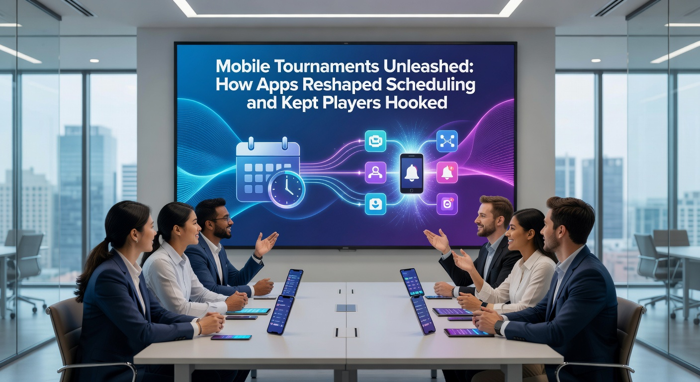 Group of diverse players huddled around smartphones, celebrating a tournament win with app notifications and leaderboards visible on screens.