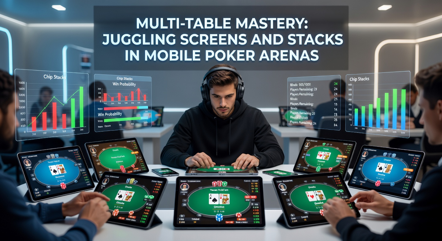 A poker player multi-tabling on a tablet, with multiple game screens split across the display showing stacks and action