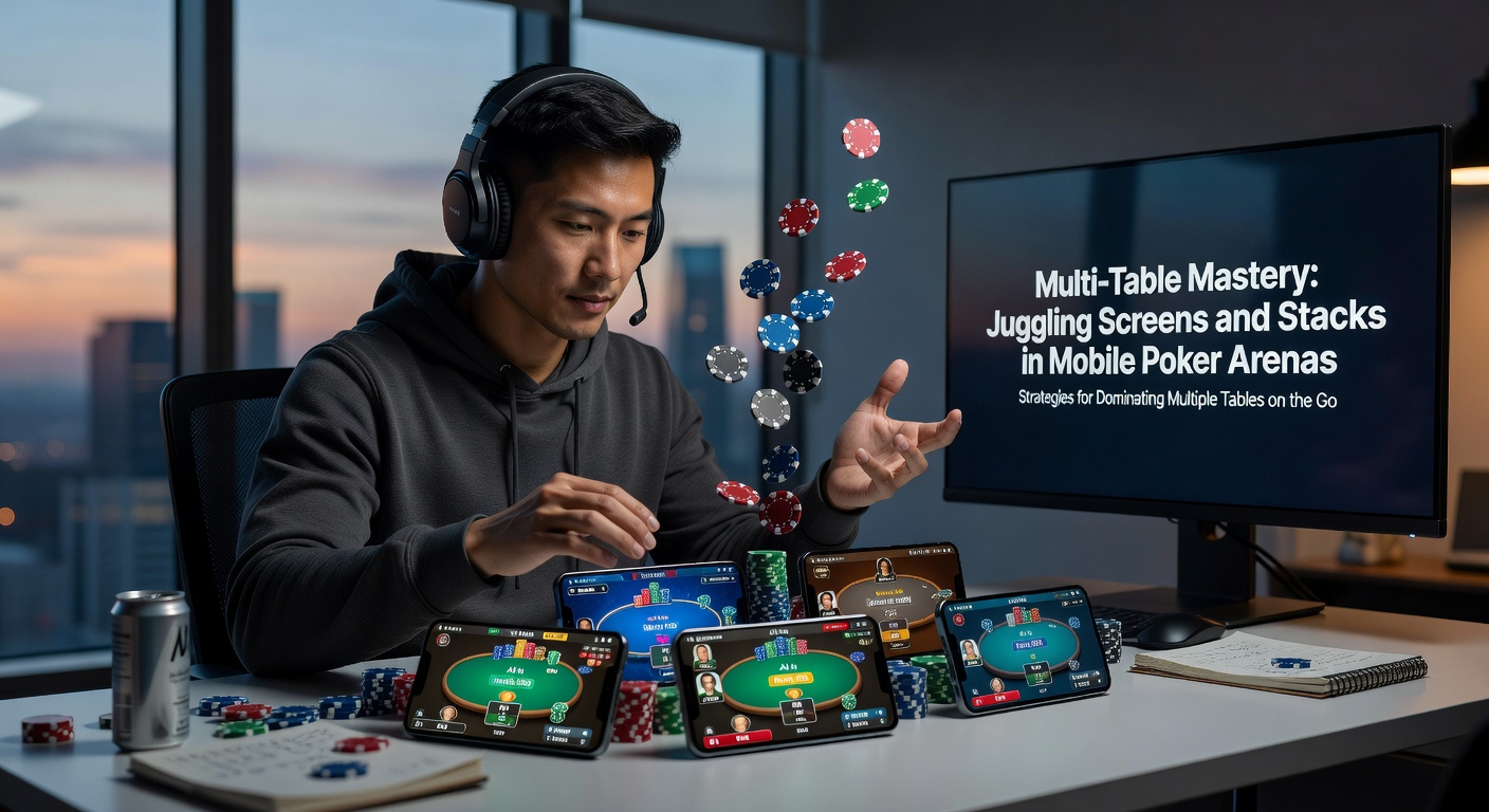 Close-up of a mobile poker app interface displaying six split-screen tables with chip stacks, player stats, and betting options