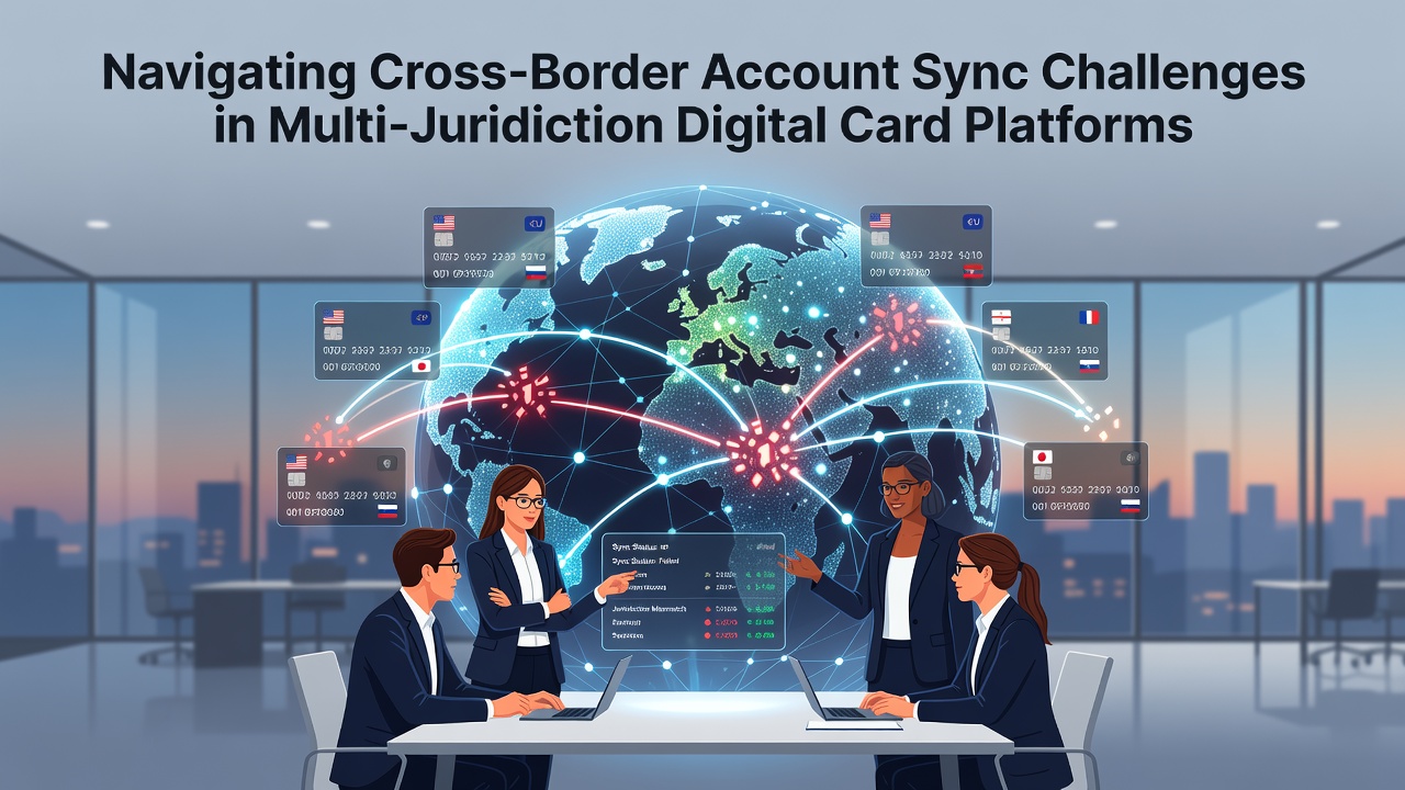 Technical team analyzing data synchronization logs for digital card accounts across international borders