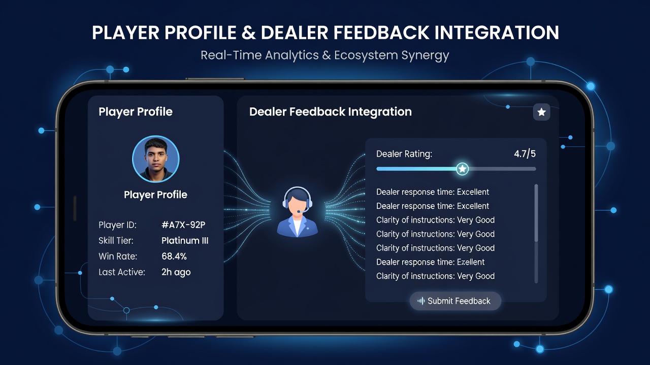 Player profile dashboard displaying integrated dealer ratings and session history within a poker app ecosystem