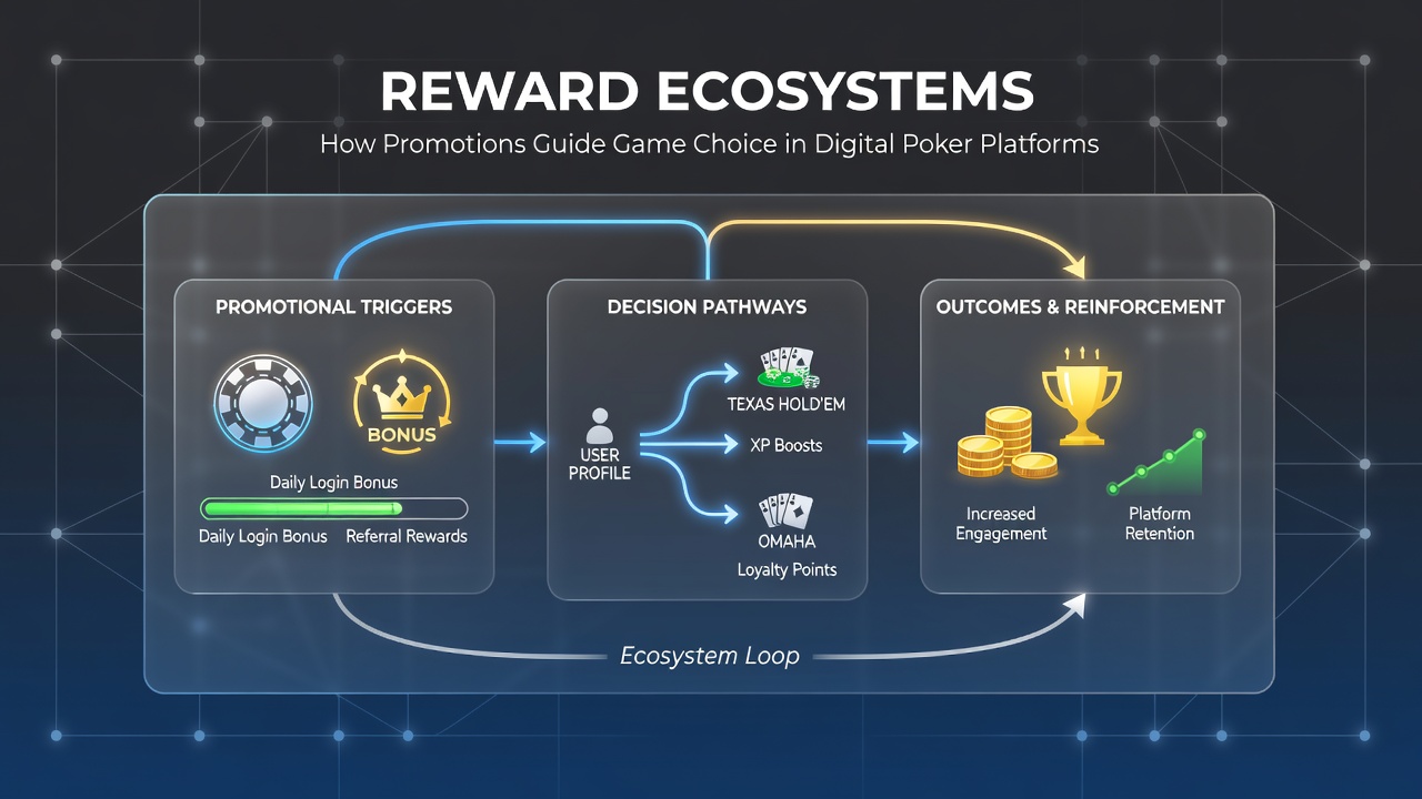 Digital poker interface showing reward points and promotion banners guiding player selections