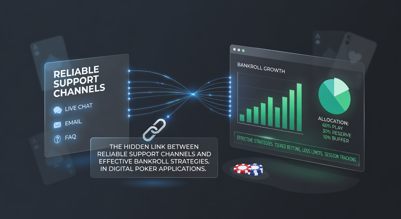 Digital poker interface showing support chat alongside bankroll tracking tools on a mobile app screen
