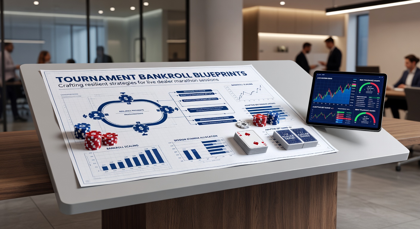 Close-up of bankroll charts and calculators on a laptop screen beside poker chips and energy drinks, illustrating strategy planning for extended live dealer play